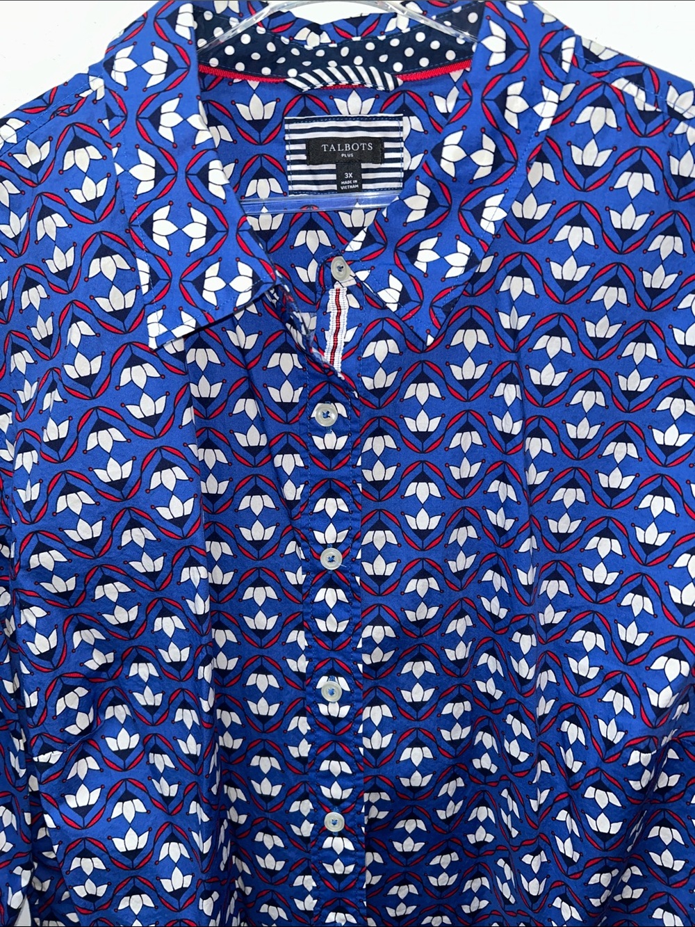 Talbots Plus Blue Red White Print Long-Sleeve Button-Down Shirt sz 3X in EUC